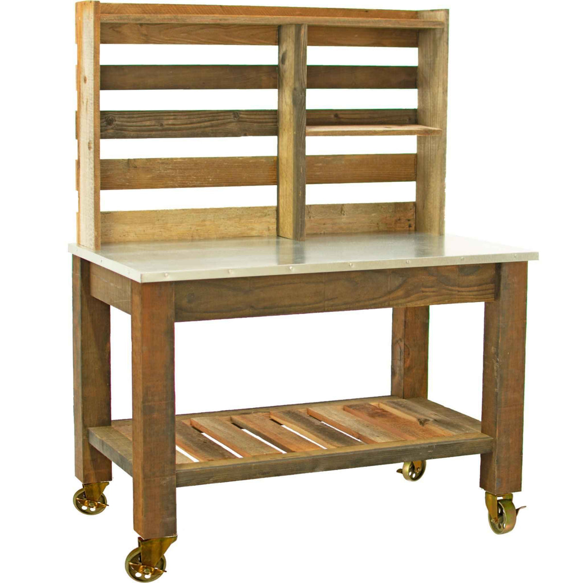 Reclaimed Redwood Rolling Table with Hutch and Cast Iron Casters
