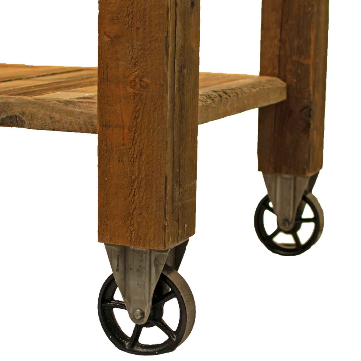 Reclaimed Redwood Rolling Table with Hutch and Cast Iron Casters