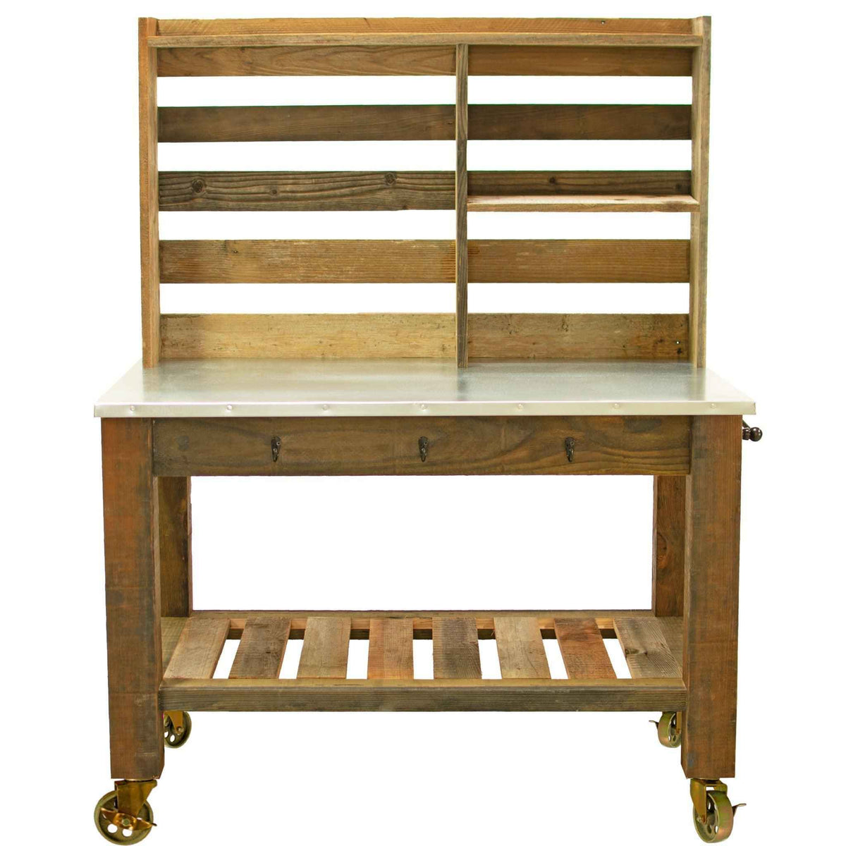 Reclaimed Redwood Rolling Table with Hutch and Cast Iron Casters