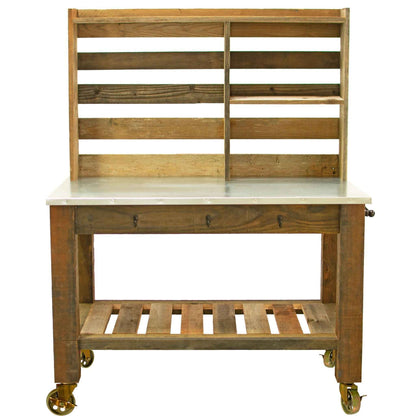Reclaimed Redwood Rolling Table with Hutch and Cast Iron Casters