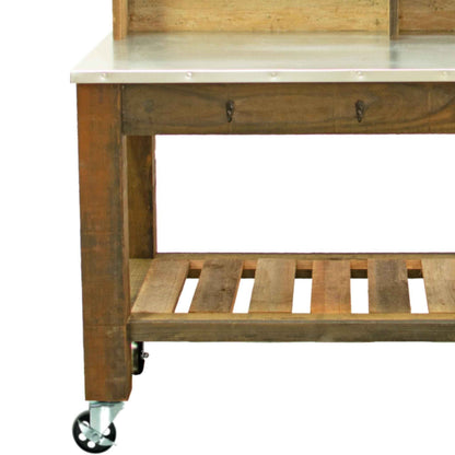 Reclaimed Redwood Rolling Table with Hutch and Cast Iron Casters