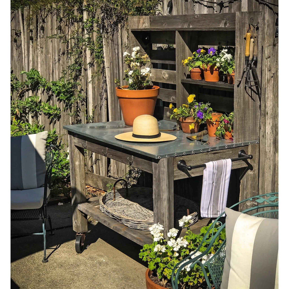 Reclaimed Redwood Rolling Table with Hutch and Cast Iron Casters