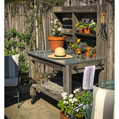 Reclaimed Redwood Rolling Table with Hutch and Cast Iron Casters