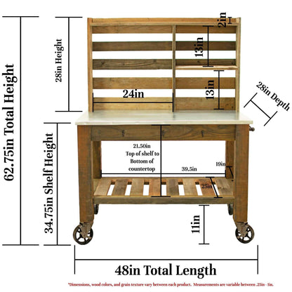 Reclaimed Redwood Rolling Table with Hutch and Cast Iron Casters