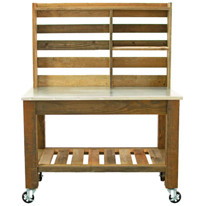 Reclaimed Redwood Rolling Table with Hutch and Cast Iron Casters