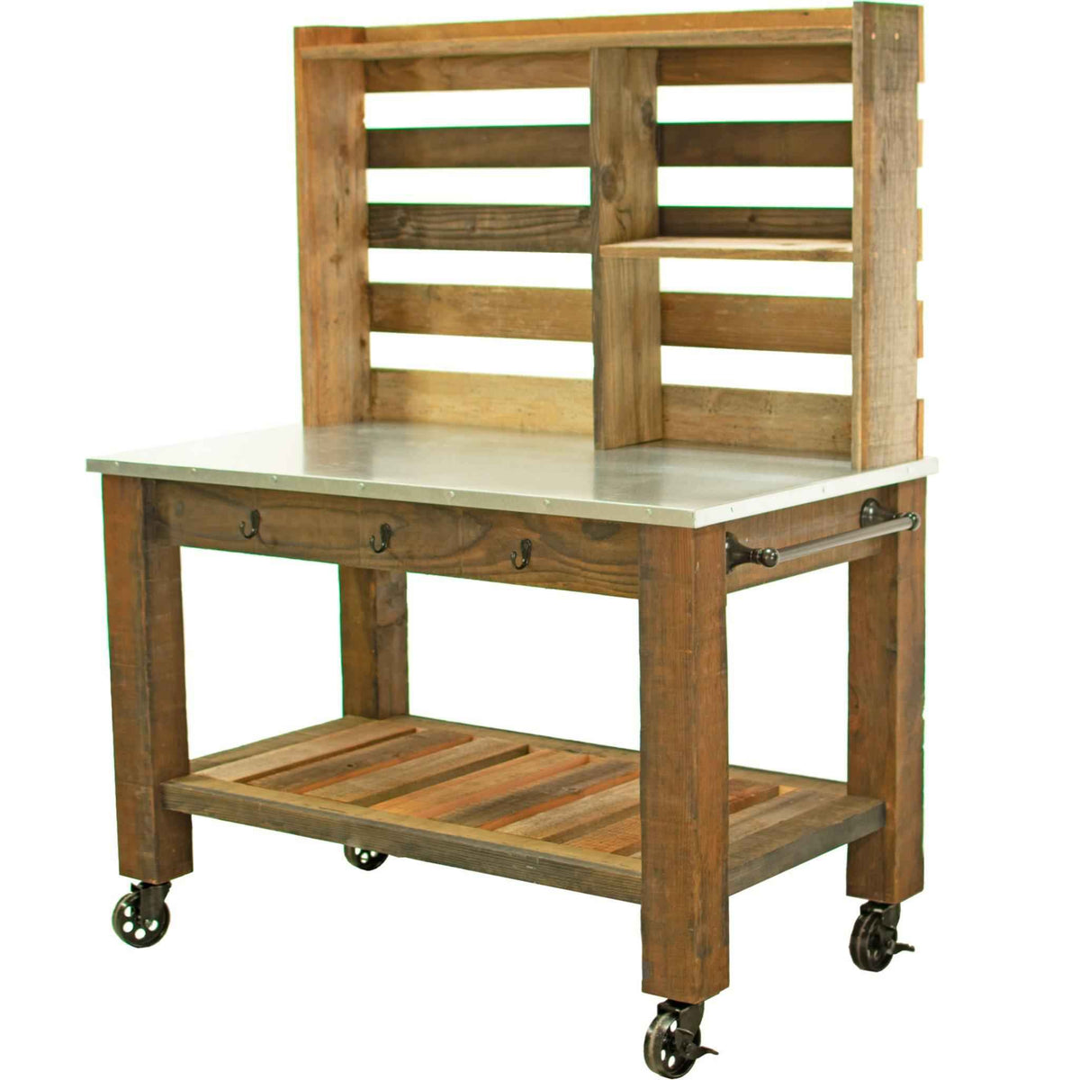 Reclaimed Redwood Rolling Table with Hutch and Cast Iron Casters