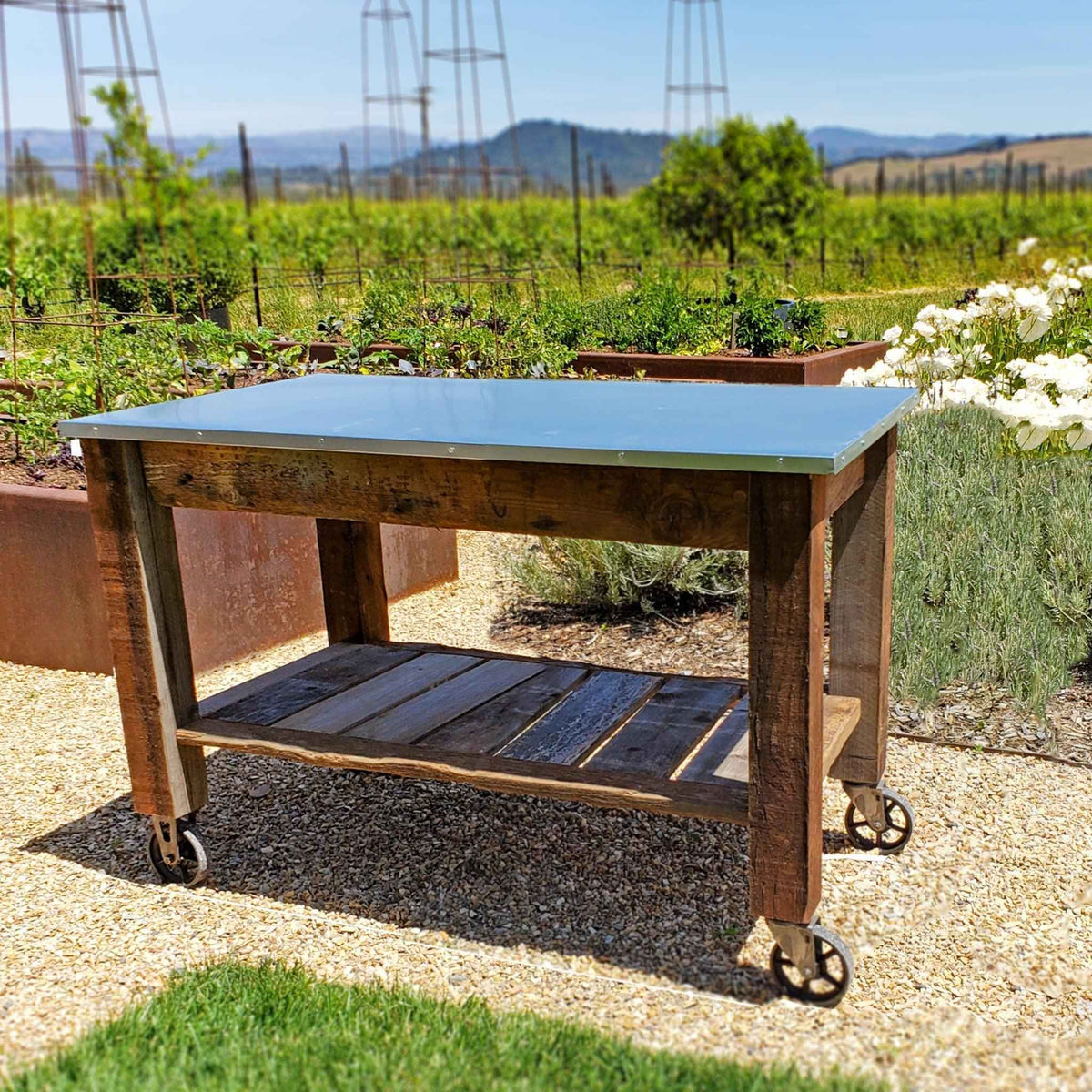 Reclaimed Redwood Rolling Cart with Cast Iron Casters