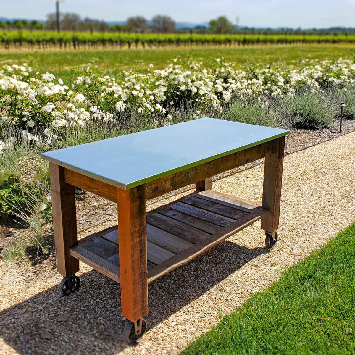 Reclaimed Redwood Rolling Cart with Cast Iron Casters