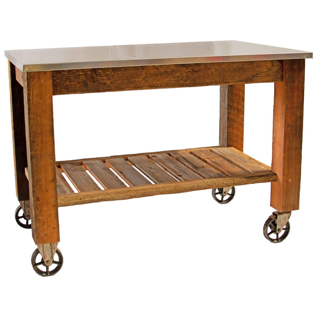Reclaimed Redwood Rolling Cart with Cast Iron Casters