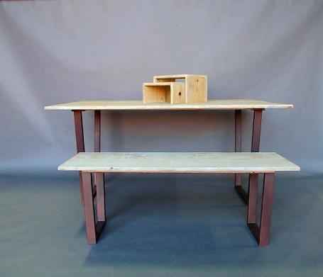 Finished Reclaimed Redwood and Steel Table Set (includes table, bench, and risers)