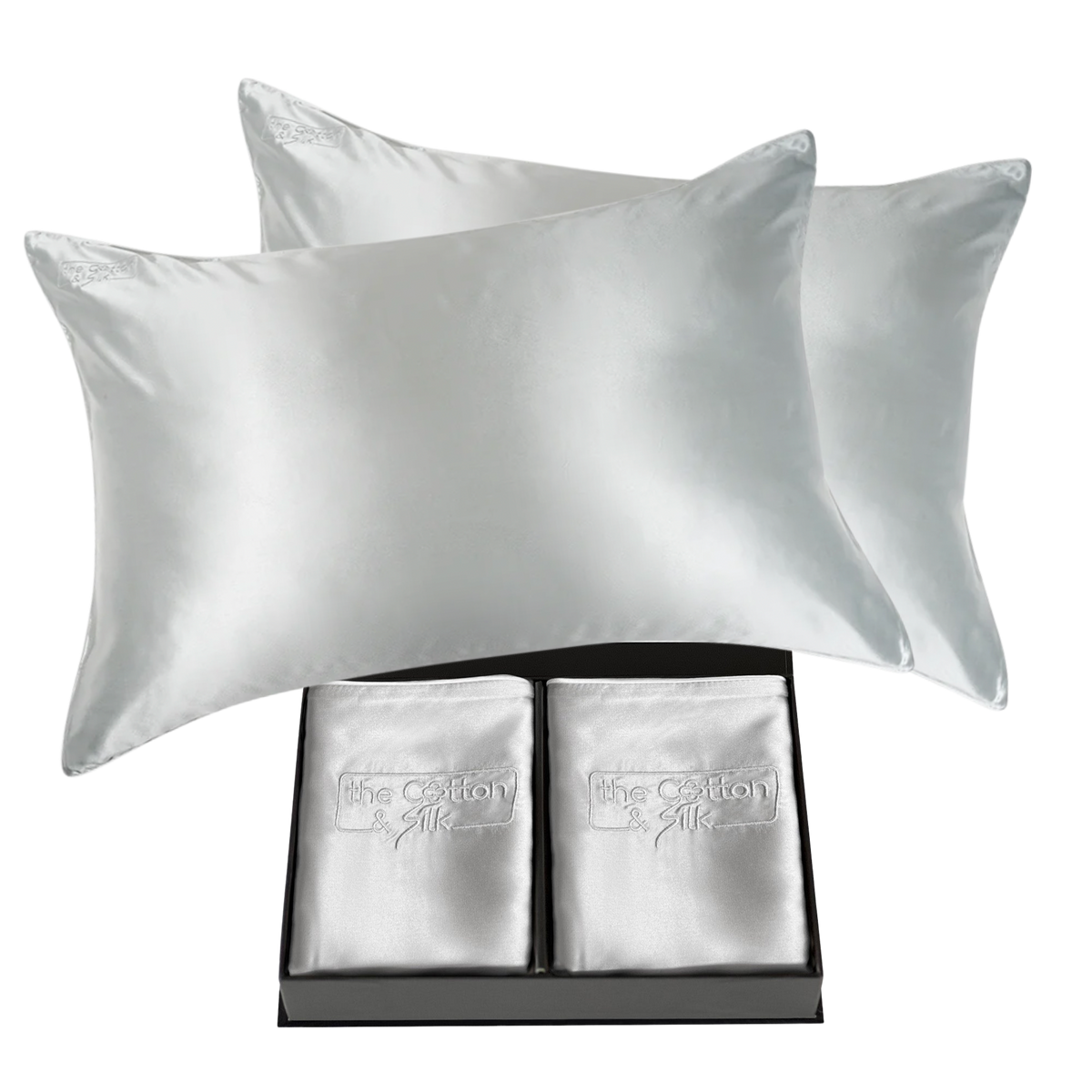 Pair of 100% Silk Pillowcases with Zipper Closure, Silver